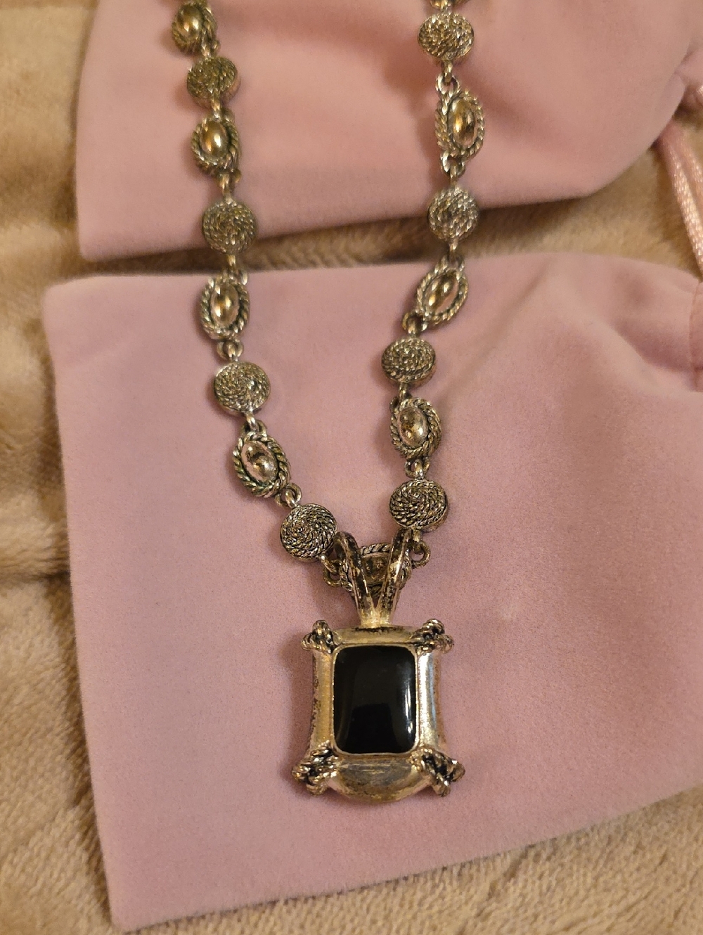 Vintage Avon Silver-Tone Black Stone Pendant Necklace